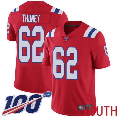 New England Patriots Football #62 Vapor Untouchable 100th Season Limited Red Youth Joe Thuney Alternate NFL Jersey